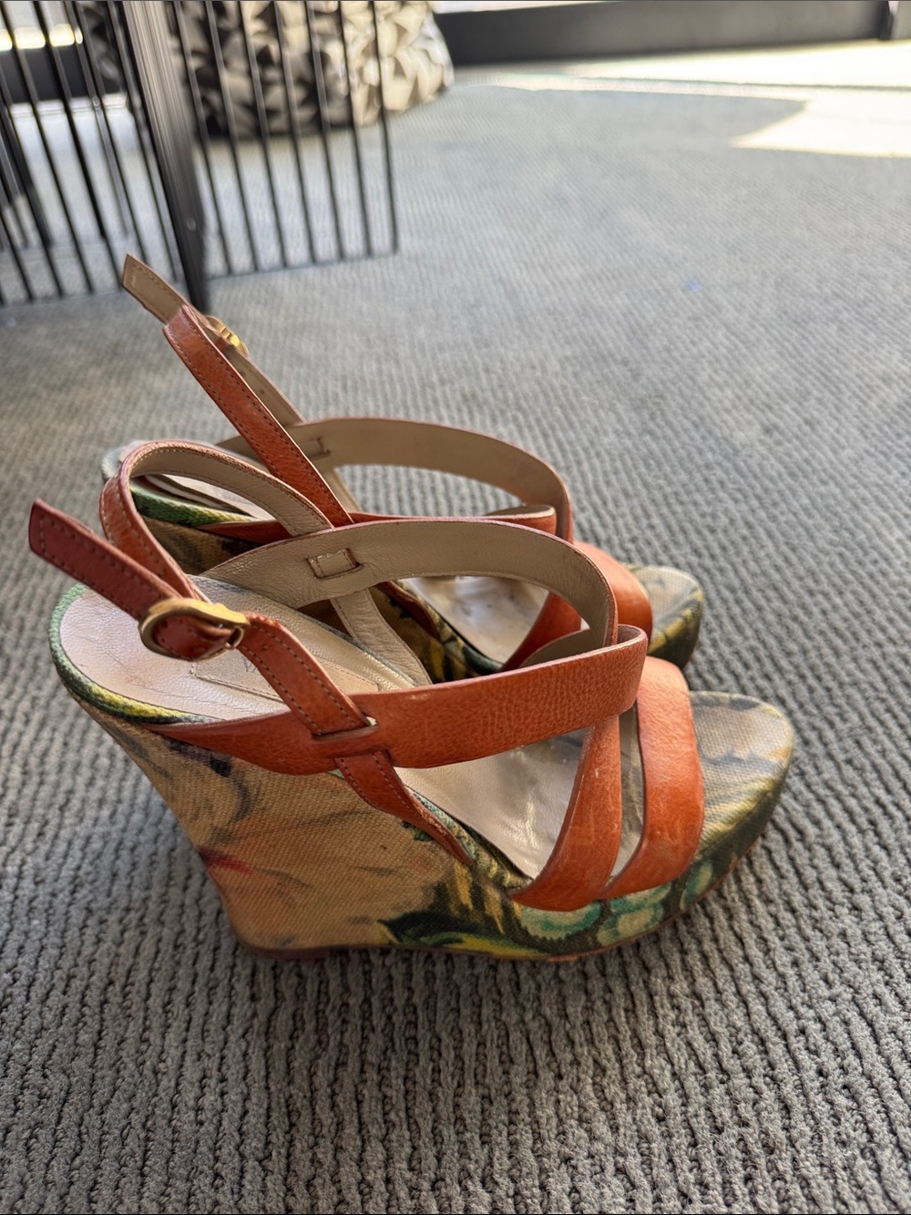 Valentino Orange Leather Floral-Print Wedge Sandals